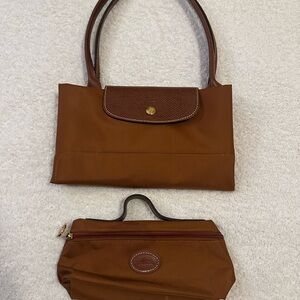 Longchamp Large LePliage Tote and Cosmetic Bag Set in Cognac